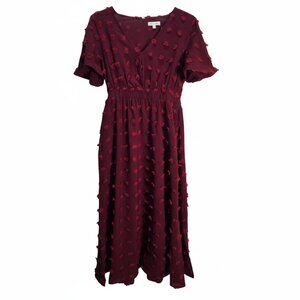 NWOT | Burgundy Red Swiss Dot V-Neck Flutter Sleeve Smocked Dress | Small